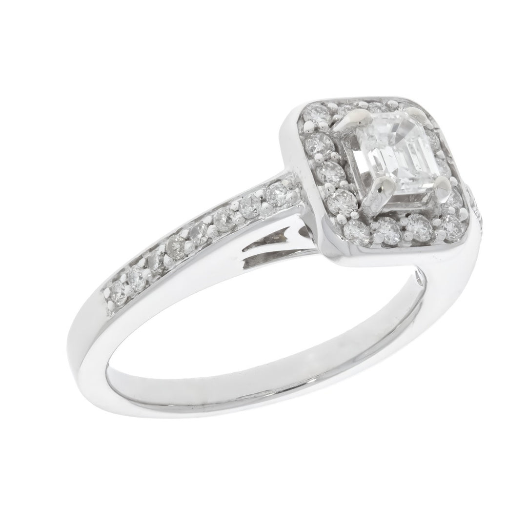 14K White Gold Emerald Cut Diamond Halo Engagement Ring