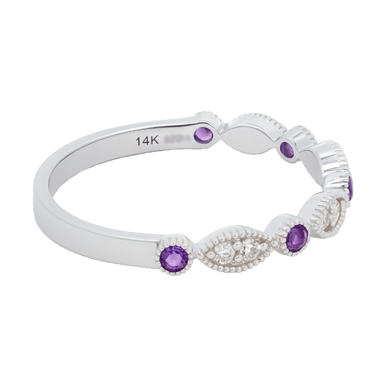 Marquise-Style Amethyst Diamond Milgrain Band 14K White Gold .10CTW