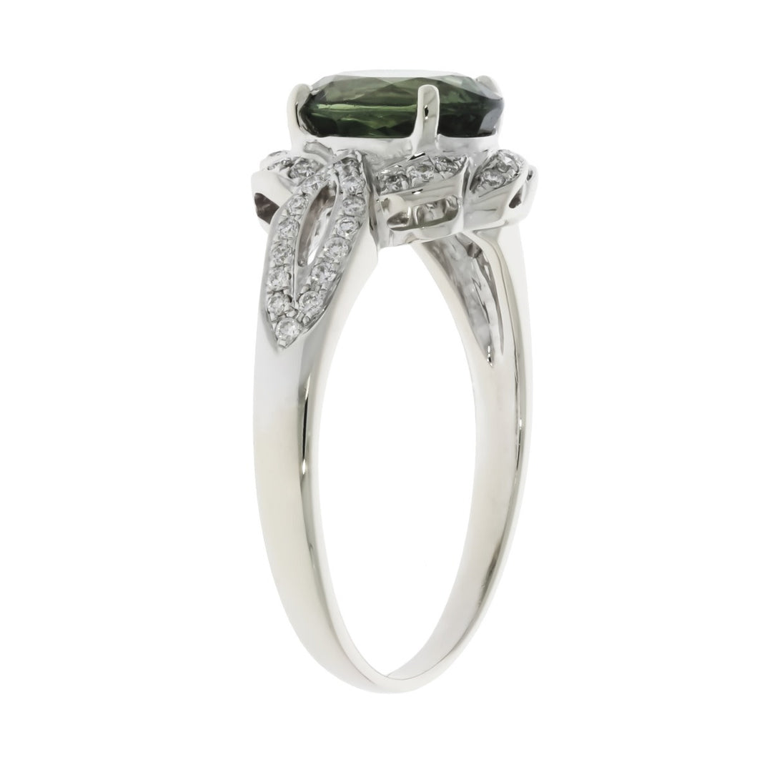 Green Sapphire Diamond Ring 18K White Gold