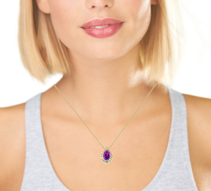 Pear Amethyst Diamond Pendant 14K Yellow Gold