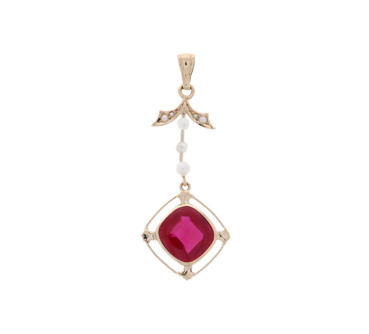 Lavalier Synthetic Ruby Pendant 14K Yellow Gold