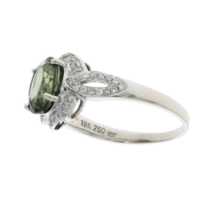 Green Sapphire Diamond Ring 18K White Gold