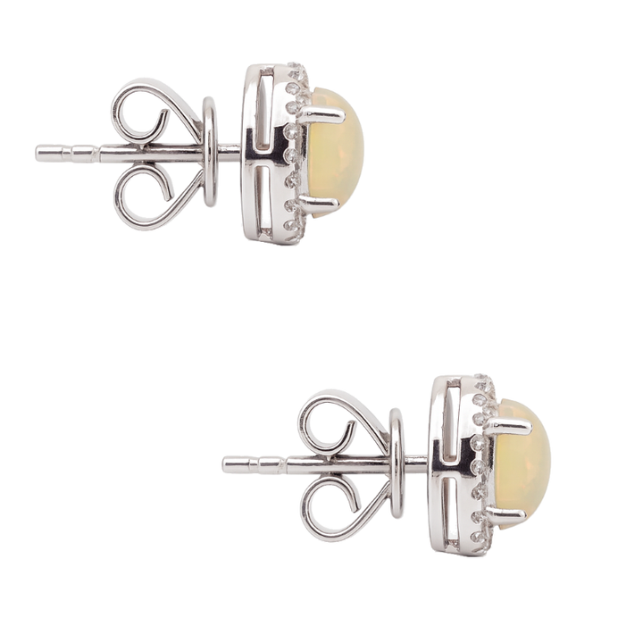 Oval Opal & Diamond Halo Studs 14K White Gold