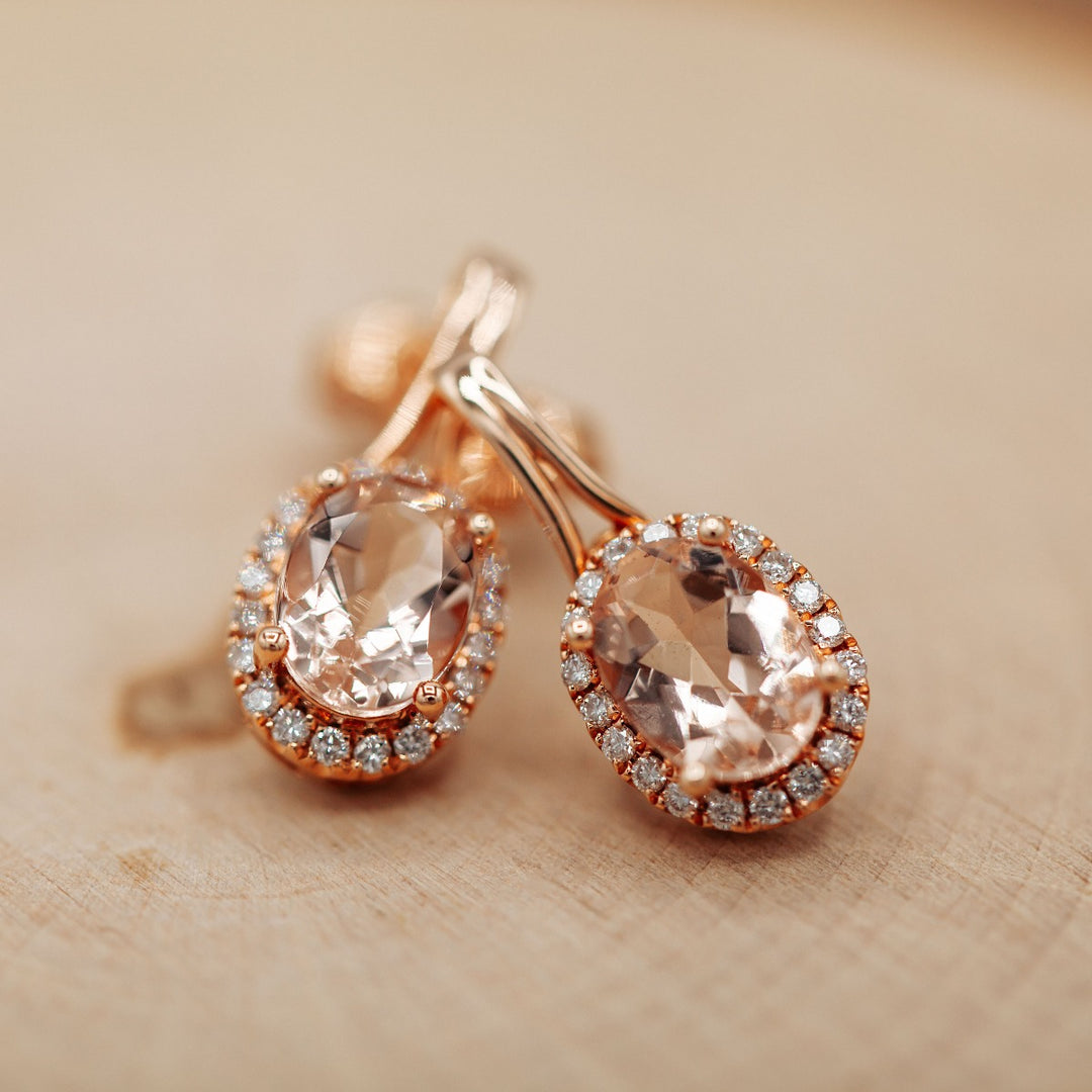 Morganite Diamond Dangle Earrings 14K Rose Gold