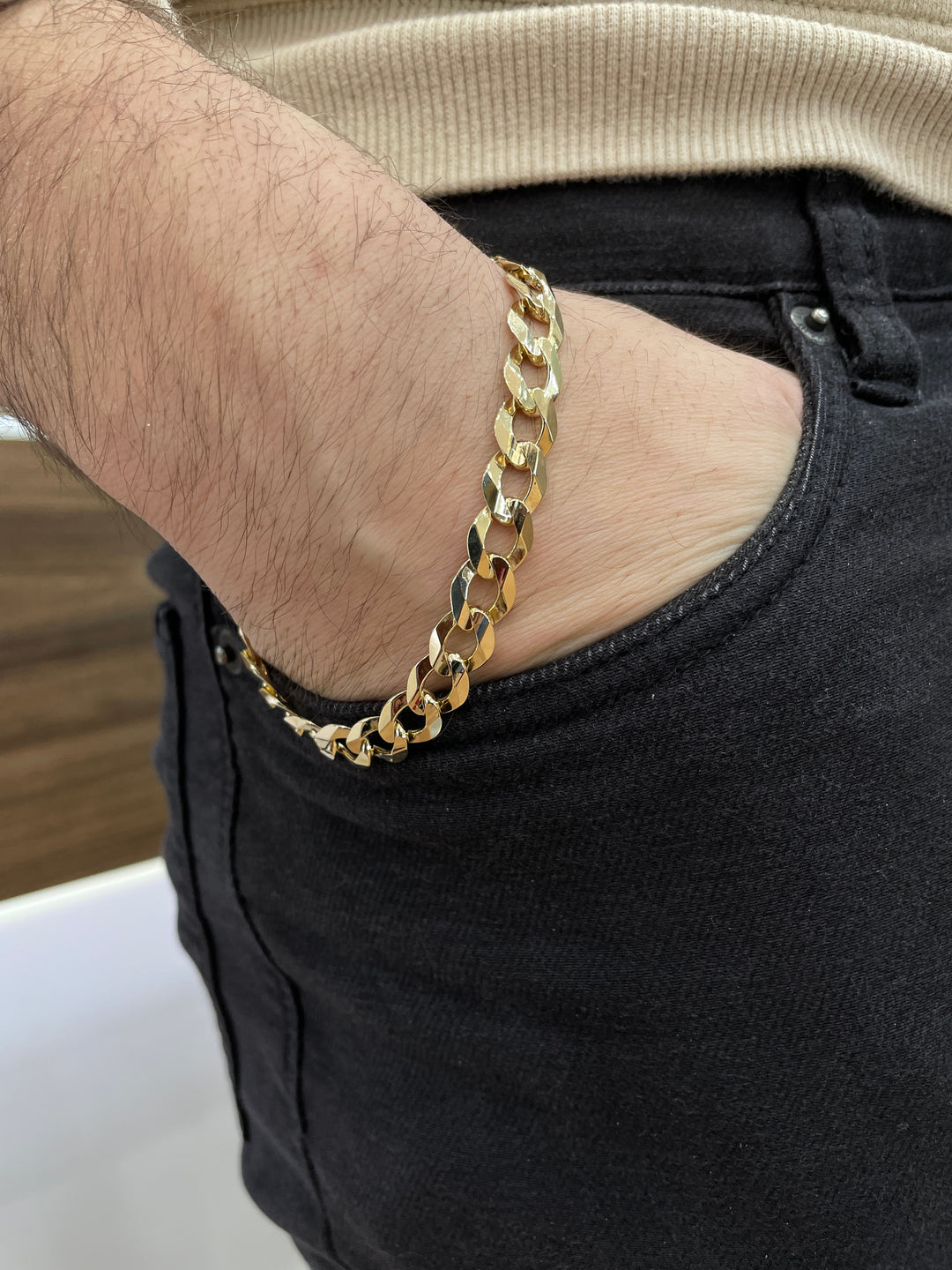 Flat Cuban Mens Bracelet 14K Yellow Gold