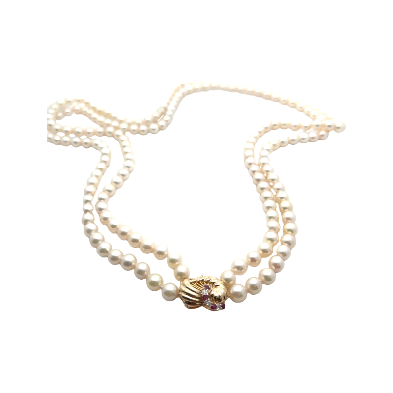 Akoya Double Pearl Strand Necklace 14K Yellow Gold