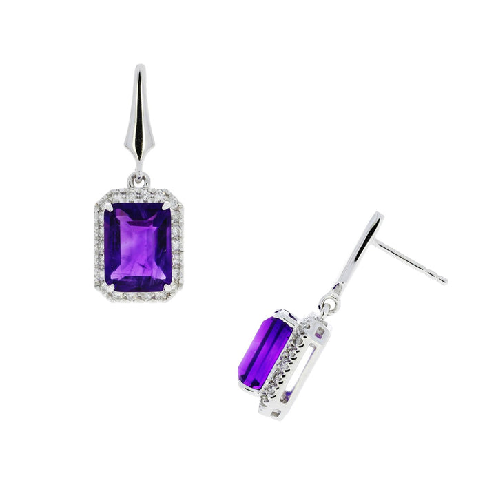 Amethyst Diamond Halo Dangle Earrings 14K White Gold