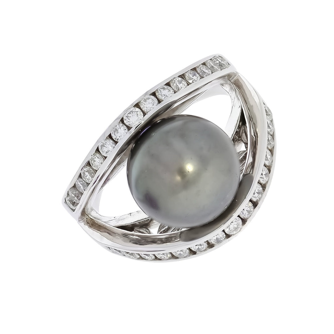 Tahitian Pearl Diamond Ring 14K White Gold 0.84CTW