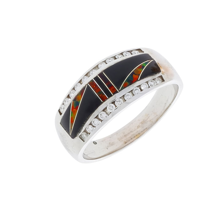 Men's Onyx Diamond Opal Ring 14K White Gold