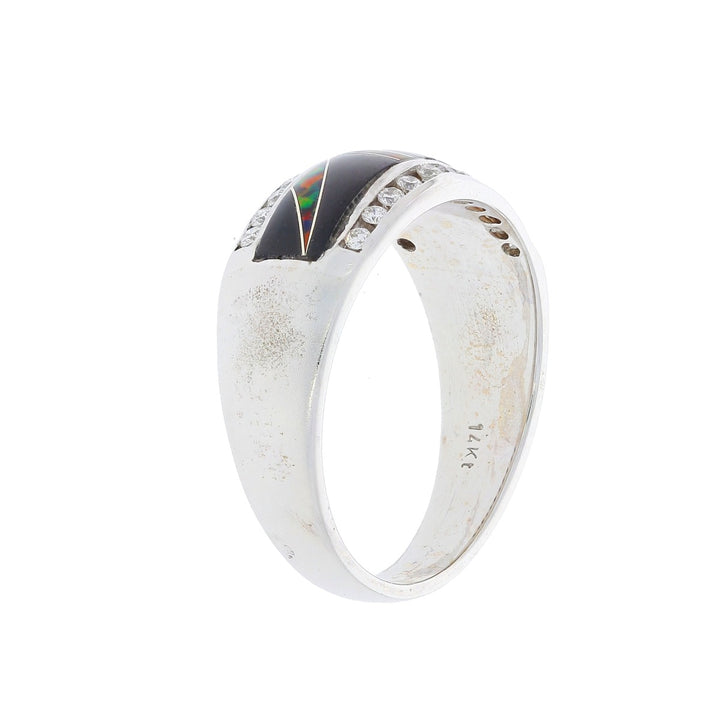 Men's Onyx Diamond Opal Ring 14K White Gold