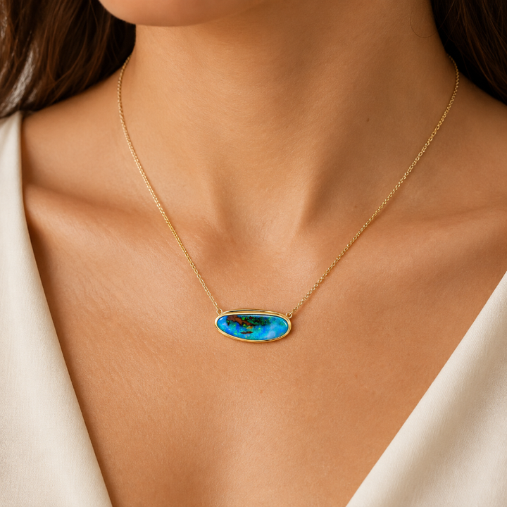Natural Black Boulder Opal Bezel Set Necklace 14K Yellow Gold