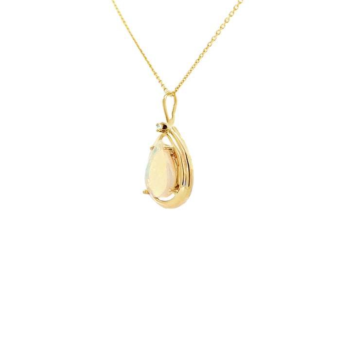 14K Yellow Gold Pear-Shaped White Opal Pendant with Diamond