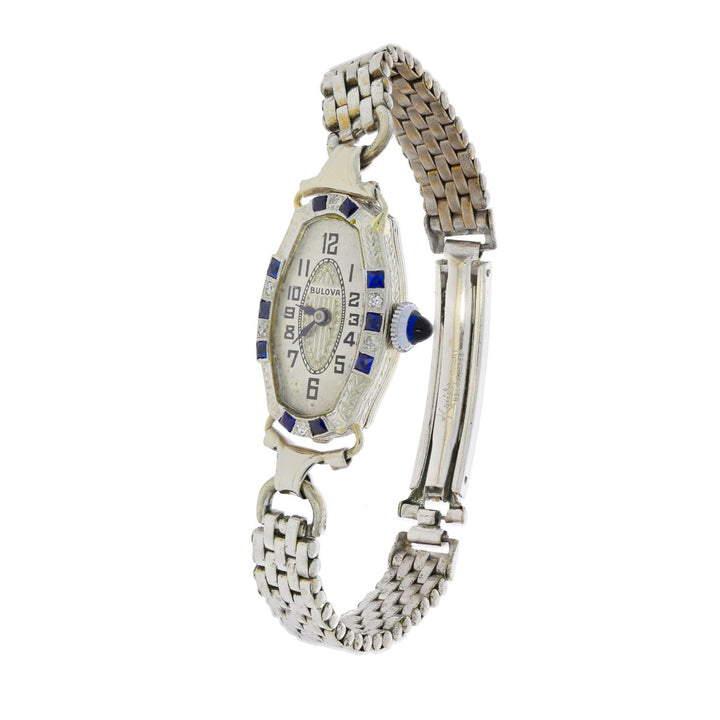 Bulova Watch 14K White Gold  Diamonds & Sapphire Vintage C.1930