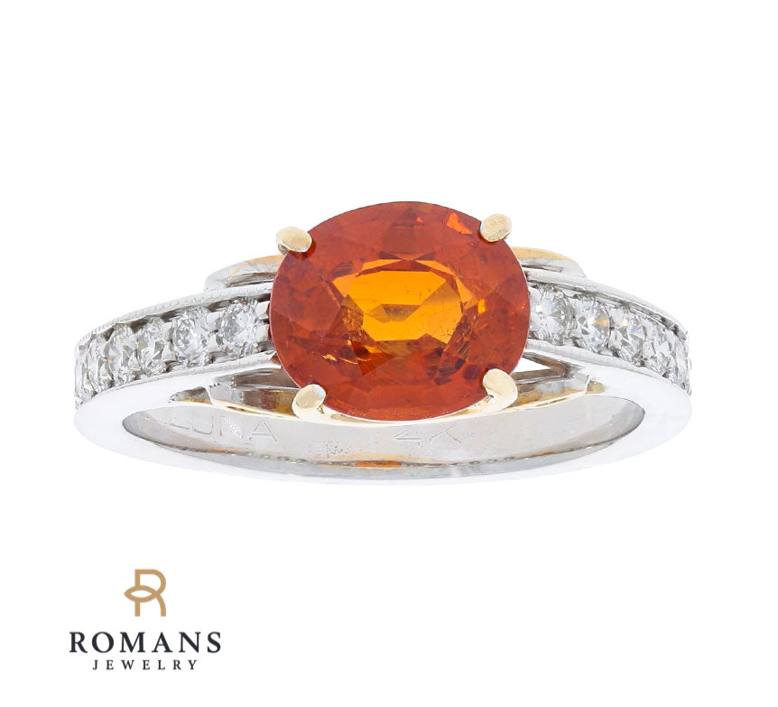 Orange 2.52ct Sapphire Diamond Ring 14K Two Tone Gold