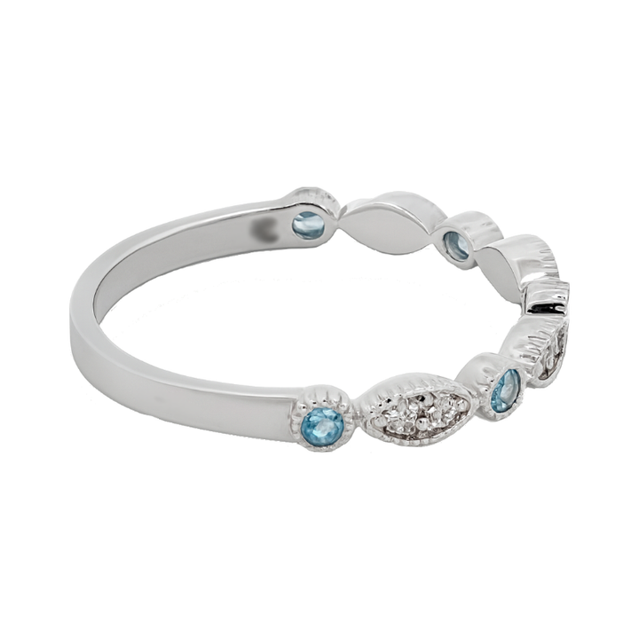 Vintage Style Milgrain Blue Topaz Diamond Band 14K White Gold .10CTW