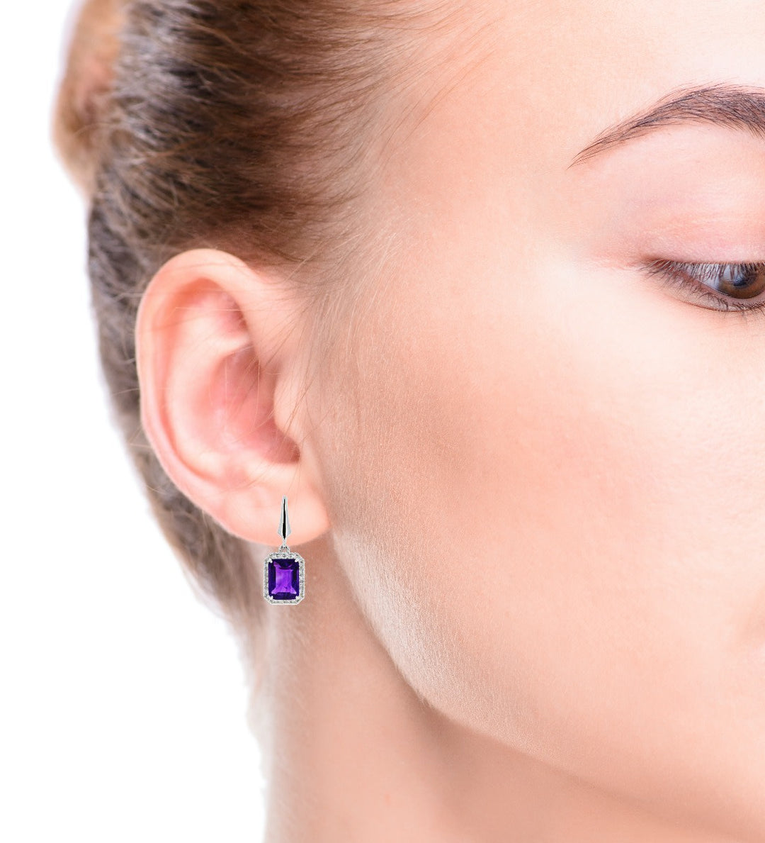 Amethyst Diamond Halo Dangle Earrings 14K White Gold