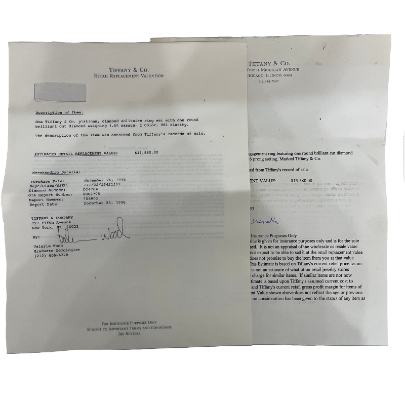 Tiffany & Co. Diamond Engagement Solitaire Ring Platinum 1.65CT