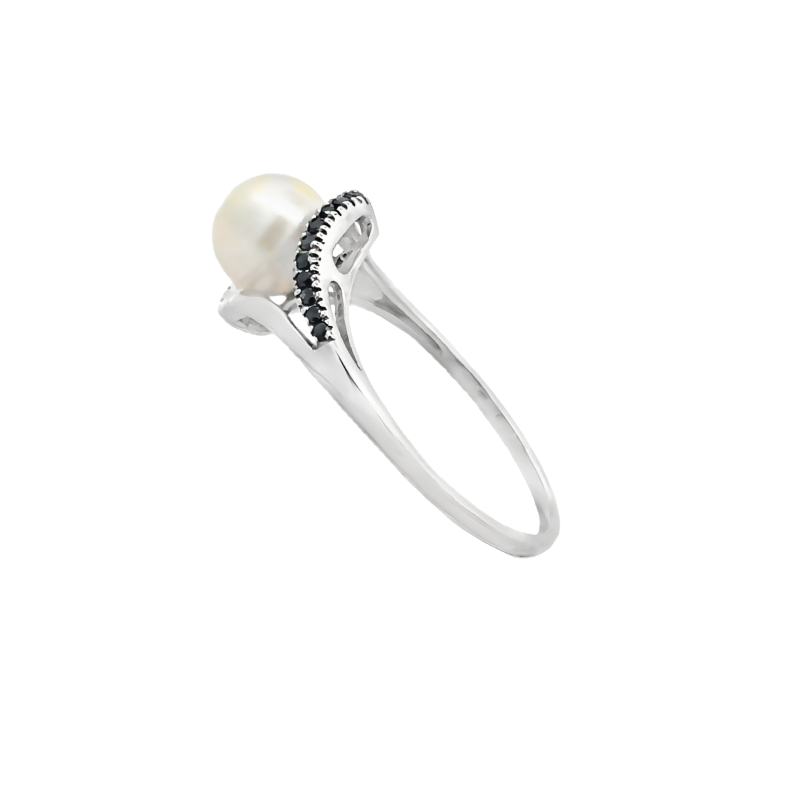 Smooth Chevron Pearl Ring with White & Black Diamonds 14K White Gold