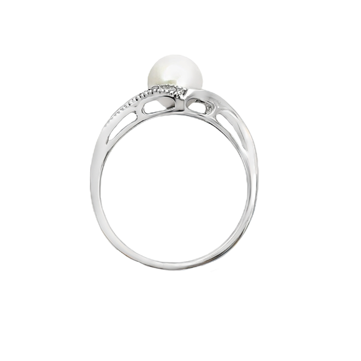 Smooth Chevron Pearl Ring with White & Black Diamonds 14K White Gold