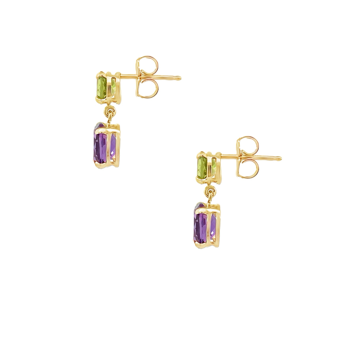 Peridot and Amethyst Dangle Earrings 14K Yellow Gold