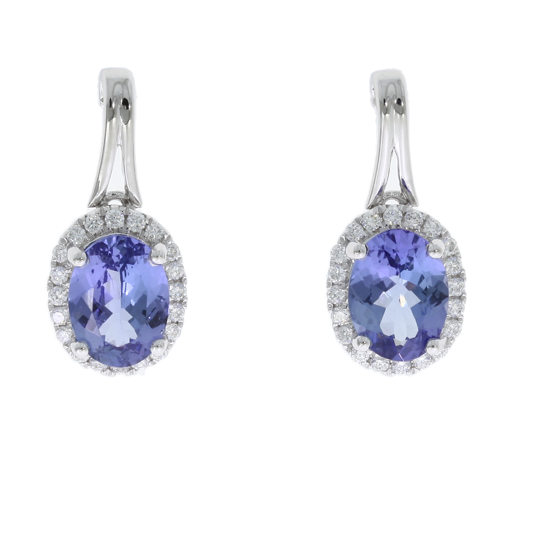 Tanzanite Diamond Halo Drop Earrings 14K White Gold
