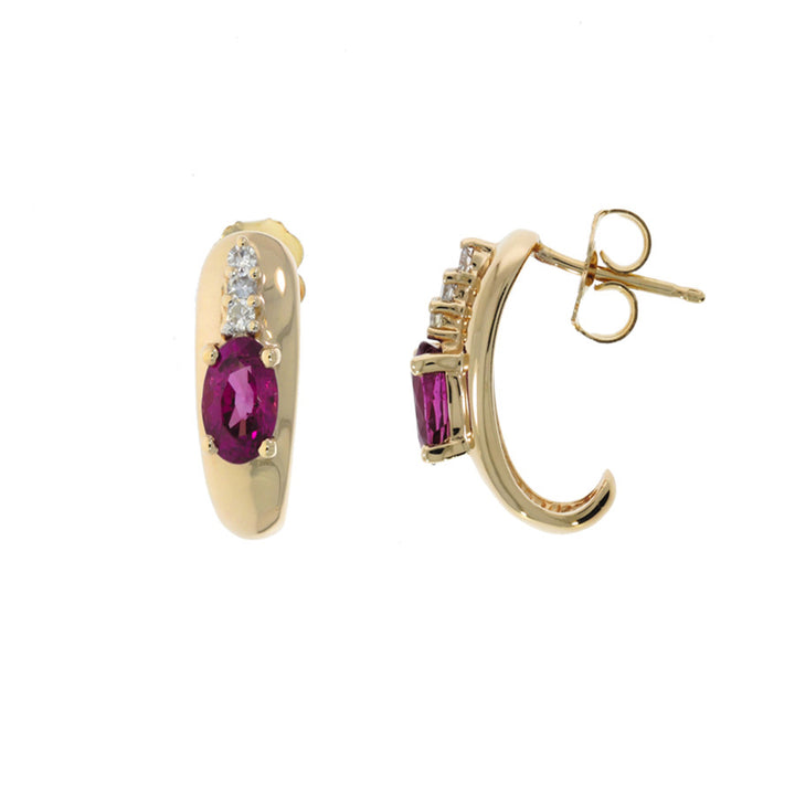 Pink Sapphire Diamond Semi Hoop Earrings 14K Yellow Gold