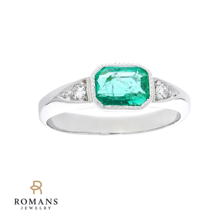 Emerald & Diamond 18K White Gold Ring 0.65 CT