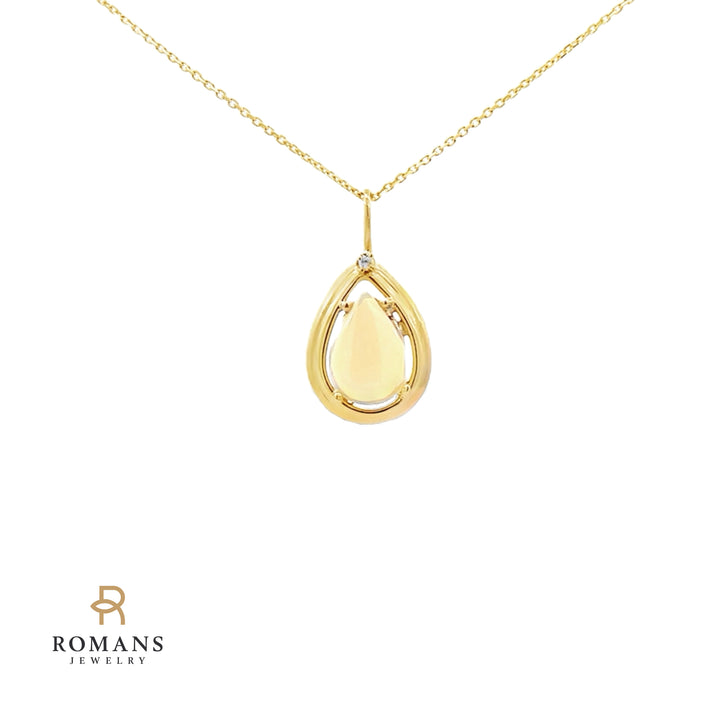 White Opal Diamond Pendant 14K Yellow Gold