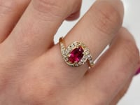 Rubellite Tourmaline Diamond Halo Ring 14K Yellow Gold .73CT