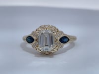 Emerald Cut 1.32CT Lab Diamond Halo Ring with Sapphire Accents 14K Yellow Gold
