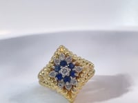 Van Cleef Diamond &amp; Blue Sapphire Cluster Ring 18K Yellow Gold