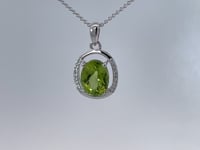Oval Peridot Diamond Halo Pendant 1.78CT 14K White Gold
