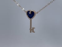 Lapis Diamond Heart Key Necklace 14K Yellow Gold .01CT