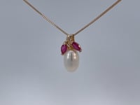 Cultured Pearl &amp; Ruby Fruit Pendant 14K Yellow Gold