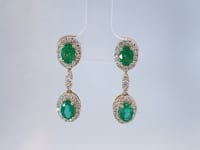 Natural Oval Emerald &amp; Diamond Halo Dangle Earrings 14K Yellow Gold 2.68CTW