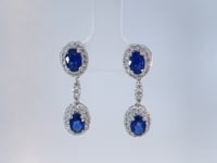 Natural Oval Sapphire &amp; Diamond Halo Dangle Earrings 14K White Gold 3.23CTW