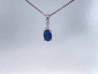 Natural Oval Sapphire &amp; Diamond Pendant 14K White Gold 1CT