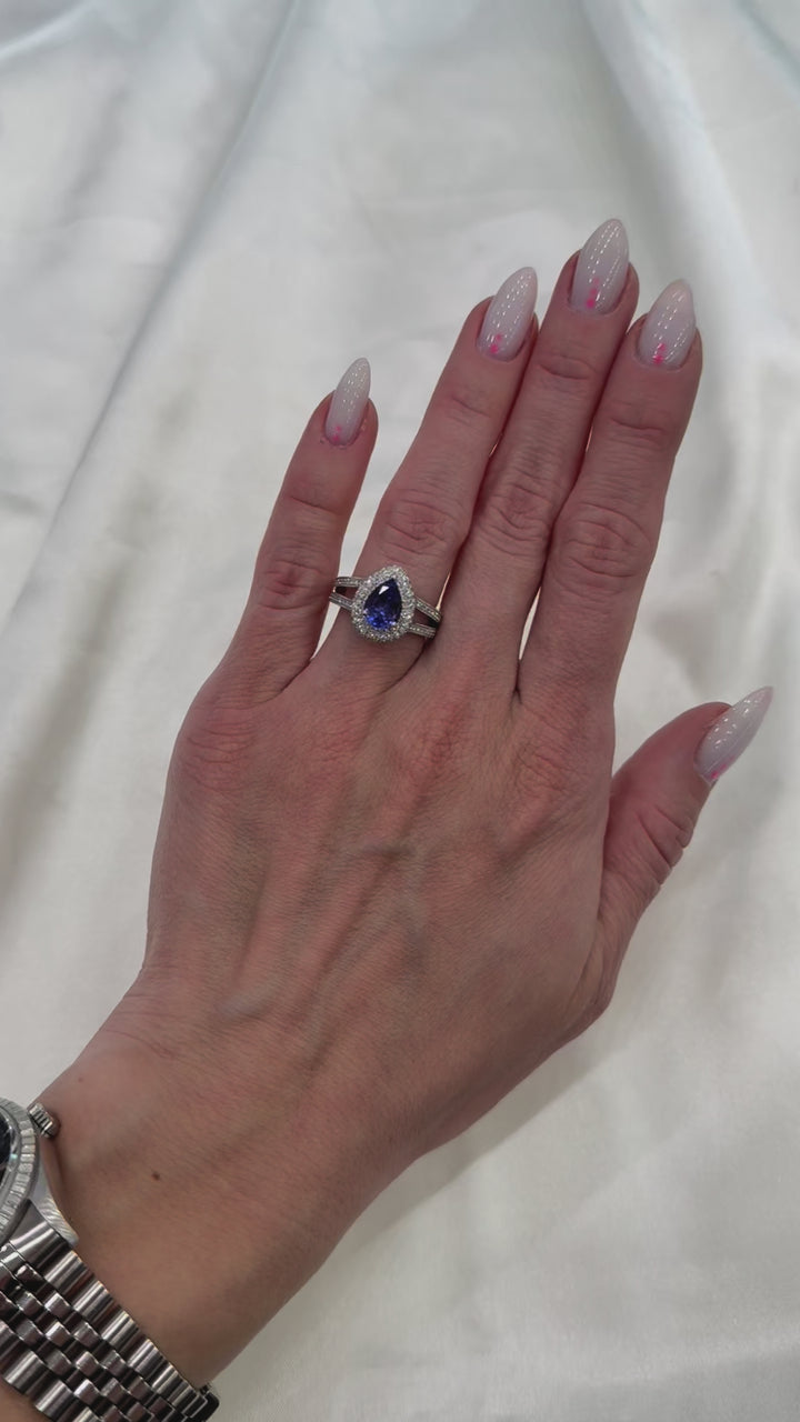 Tanzanite Diamond Halo Pave' Ring 14K White Gold 1.66CT