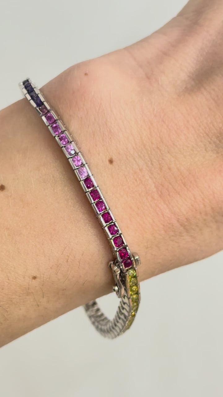 Multi-Colored Sapphire Tennis Bracelet 18K White Gold 2.86CTW
