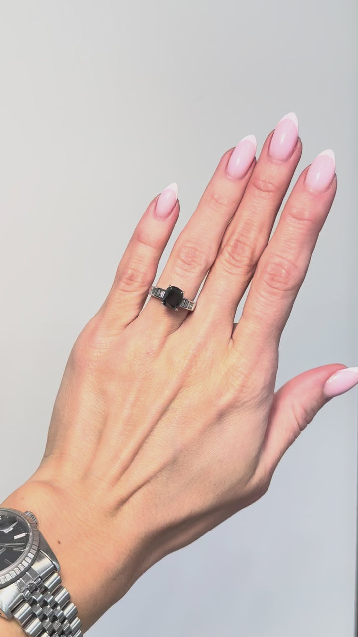 Black Diamond Natural Cushion Cut Engagement Ring Platinum 3CT
