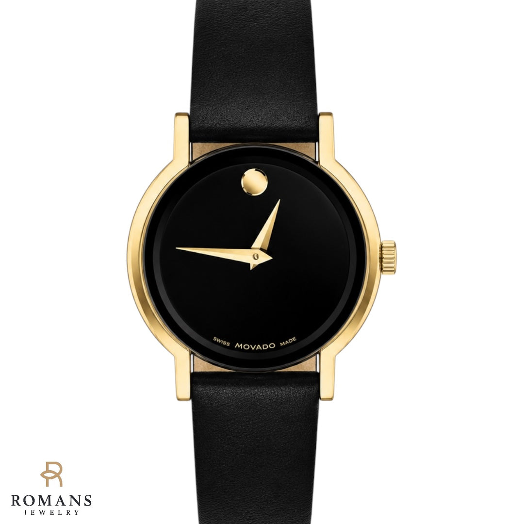 Movado Ladies Black Museum Dial Leather Strap Quartz Watch 24mm Ref. 87-90-820