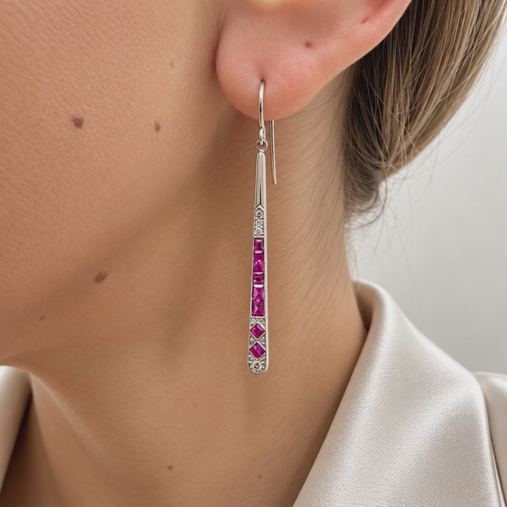 Vintage Ruby Diamond Drop Earrings Platinum 18K Yellow Gold