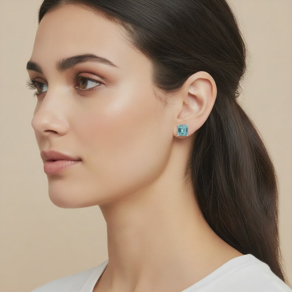 Aquamarine Stud Earrings 14K White Gold 7.18CT