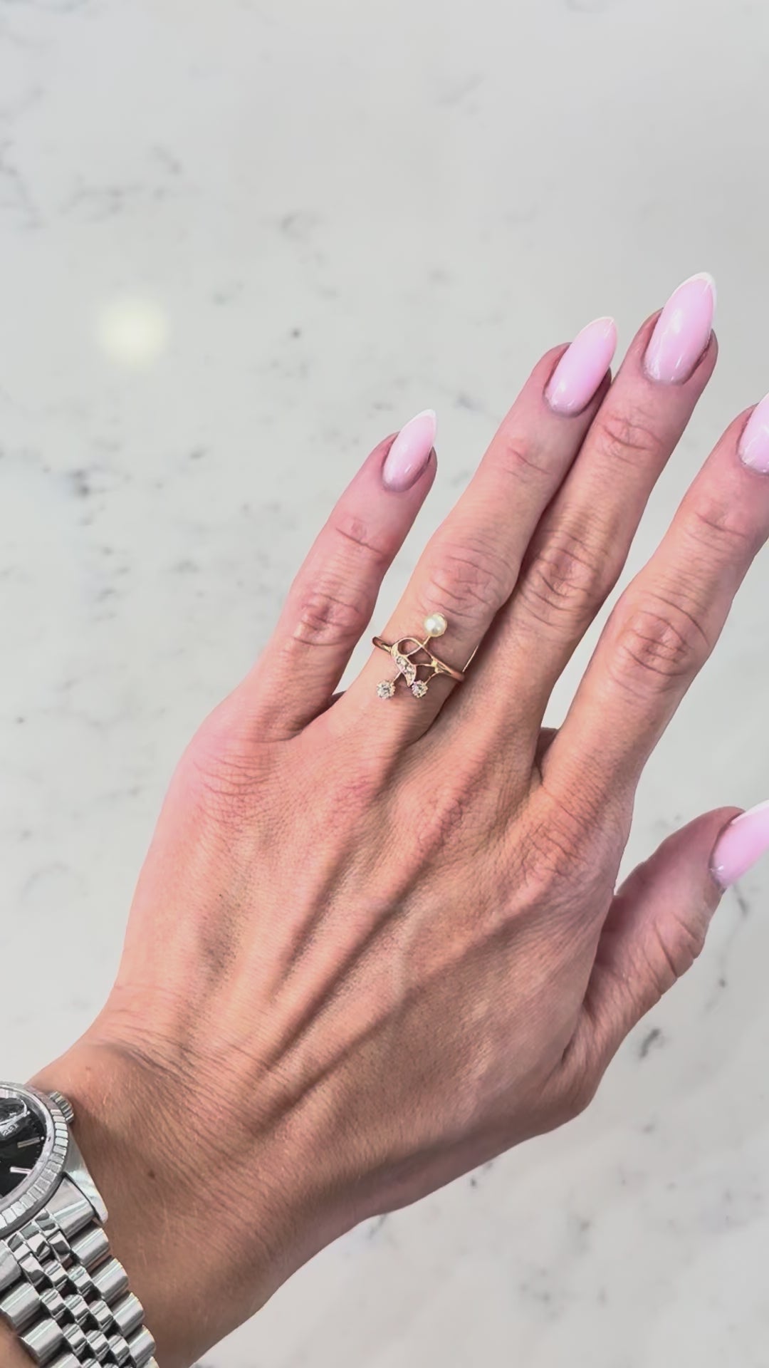 Diamond Pearl Vintage Ring 14K Rose Gold .15 CTW