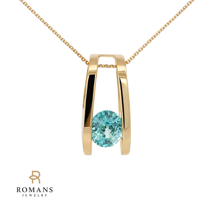 Oval Blue Zircon Slide Pendant 14K Yellow Gold 2.76CT