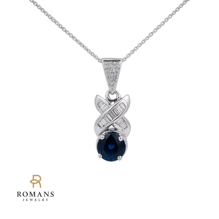 Blue Sapphire & Diamond Pendant 14K White Gold 1.05CT
