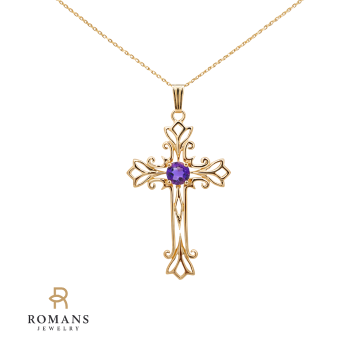 Amethyst Filigree Cross Pendant 14K Yellow Gold .48CT