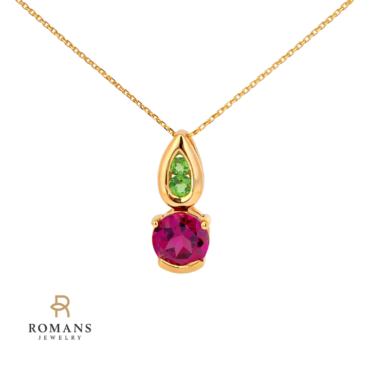 Rhodolite & Tsavorite Garnet Pendant 14K Yellow Gold 1.10CT