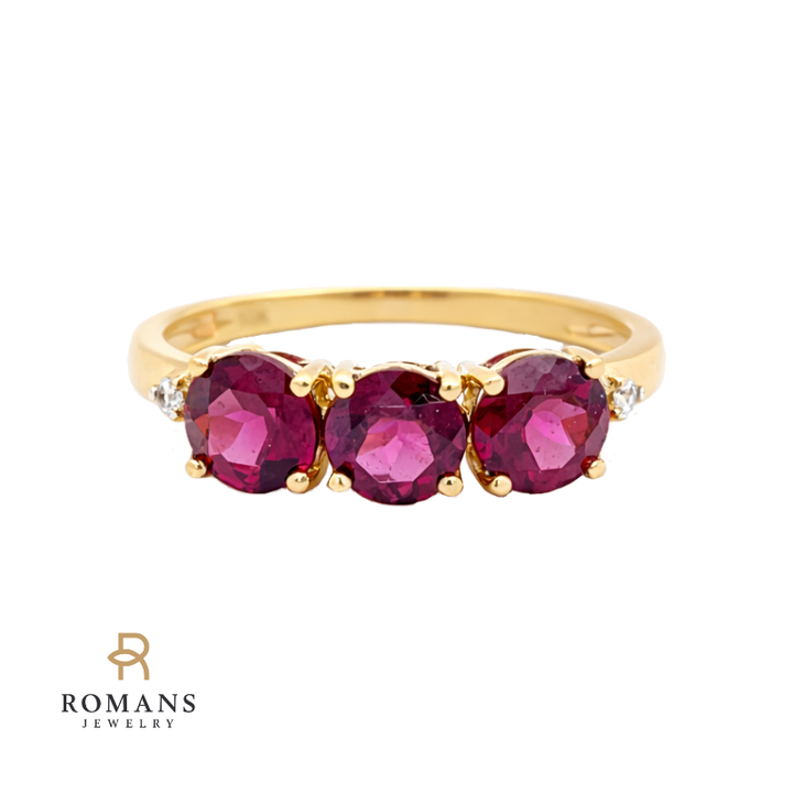 Rhodolite Garnet 3 Stone Ring 10K Yellow Gold 1.81CTW