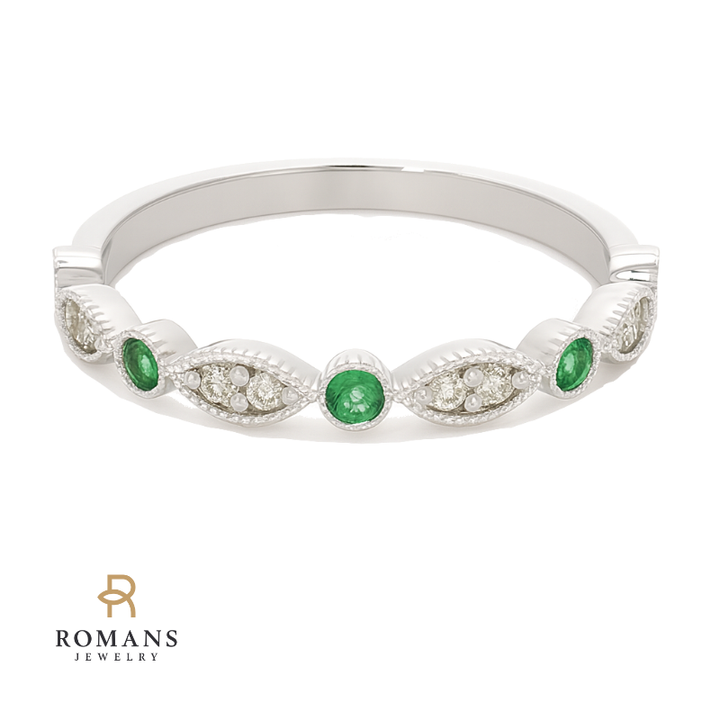 Low-Profile Emerald Diamond Milgrain Band 14K White Gold .12CTW